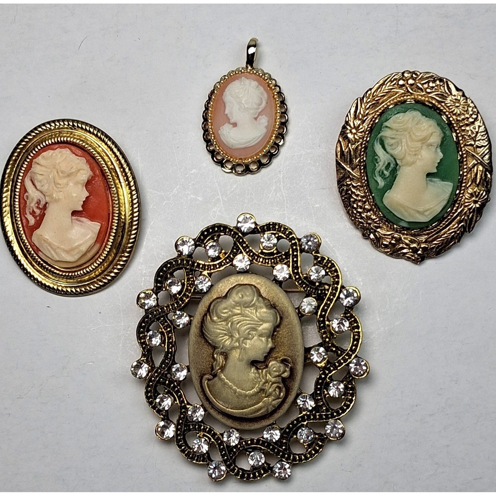 Vintage & Modern Cameo Brooch & Pendant Lot (4) - Victorian Revival Rhinestone